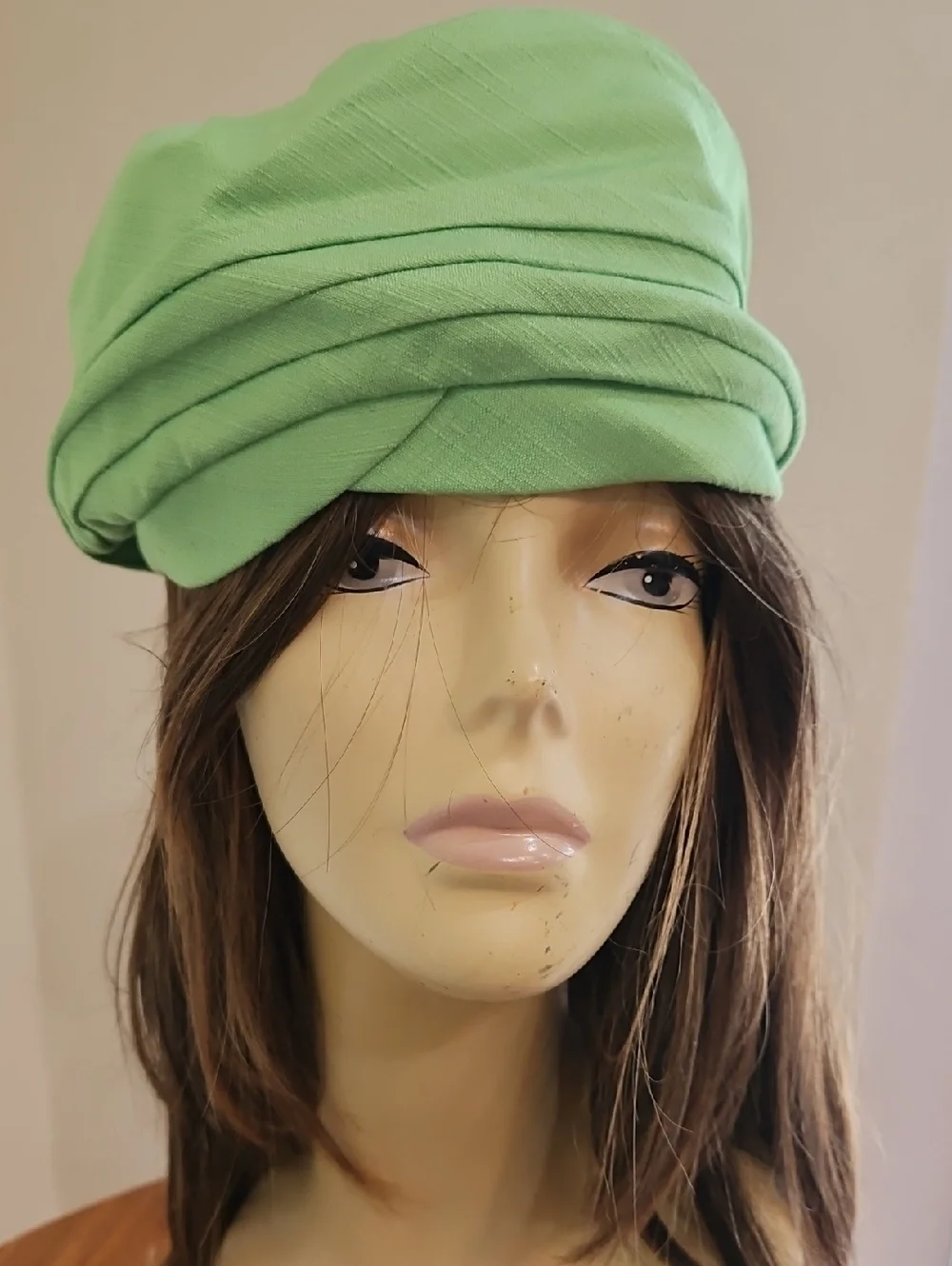 LIME GREEN PLEATED TOP‎  BERET STYLE CLOTH HAT Made In USA